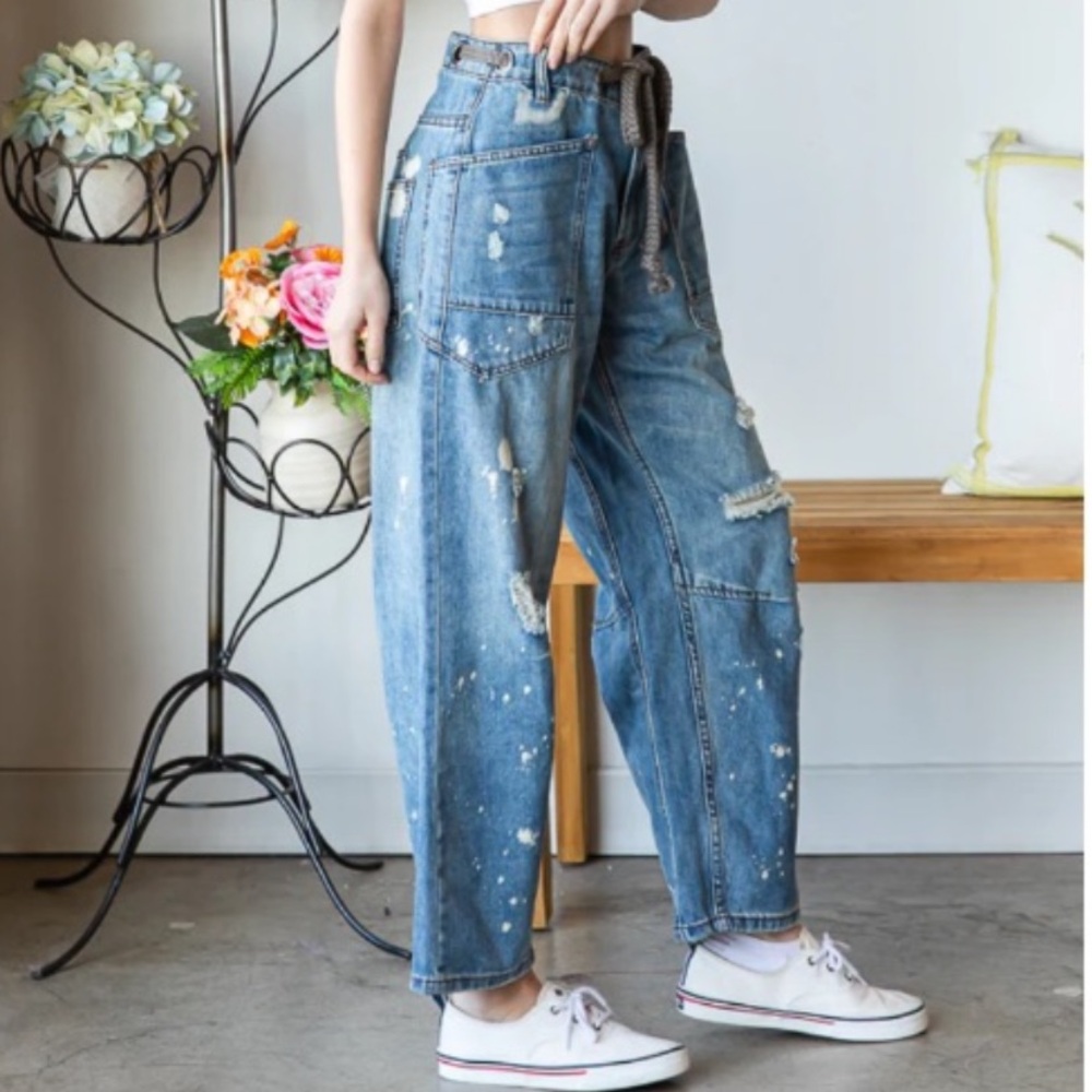 🖤392 OLI & HALI 1 left ⬇️⬇️WASHED DRAWSTRING WAIST
DISTRESSED DENIM JEANS - Picture 5 of 6